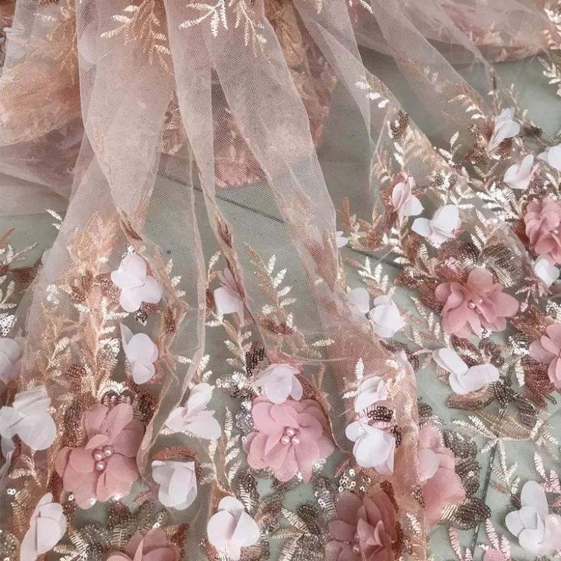 50x125 см Ткань для платья цвета flesh pink, off-white, с вышивкой бисером и пайетками, кружевная ткань с 3D-аппликацией в виде цветов, премиум-класс