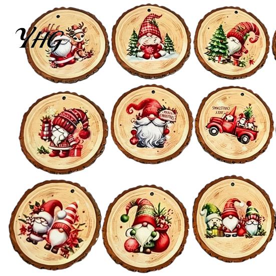 Christmas Tree Hanging Ornaments 12/24/36Pcs Gnome Wooden Ornaments, Round Wood Slice Decorations, Santa Natural Log Decor Print Designs for