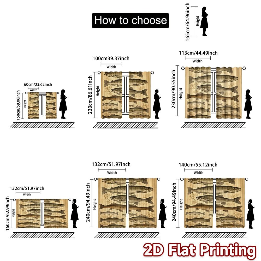 2D FLAT PRINTING 2pcs Curtains (Without Rod) Antique Fish Illustration Popular Curtains&Window Treatment Yarn Curtains