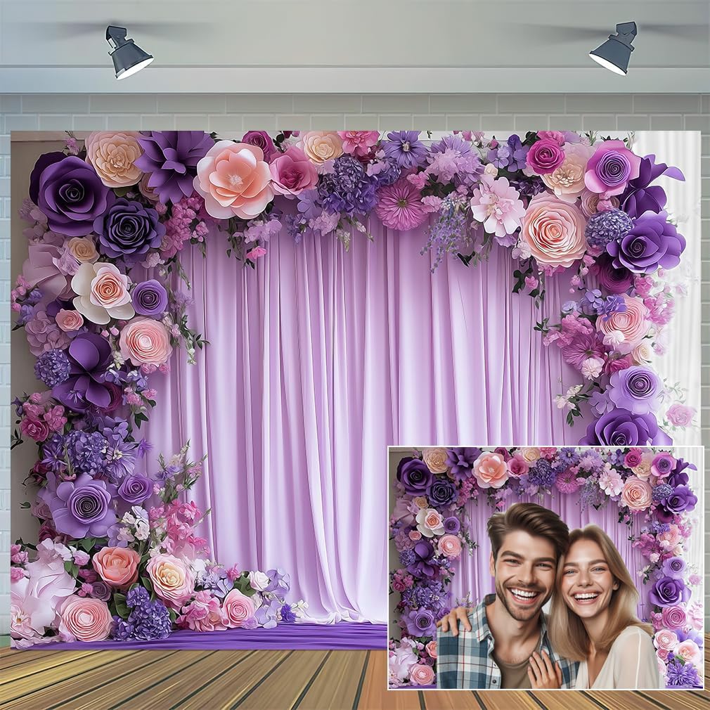 7X5ft Purple Flower Wall Background Photography Lavender Backdrop for Parties Wedding, Girls Birthday Princess Weeding B