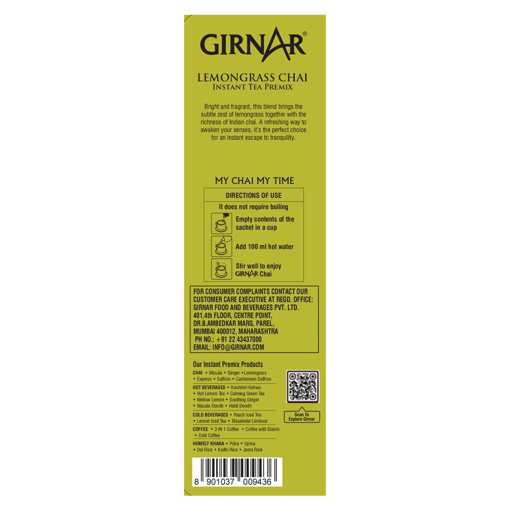 Girnar Instant Premix Чай Лемонграсс Чай 10 Пакетиков Вегетарианский Готовый к Употреблению Напиток