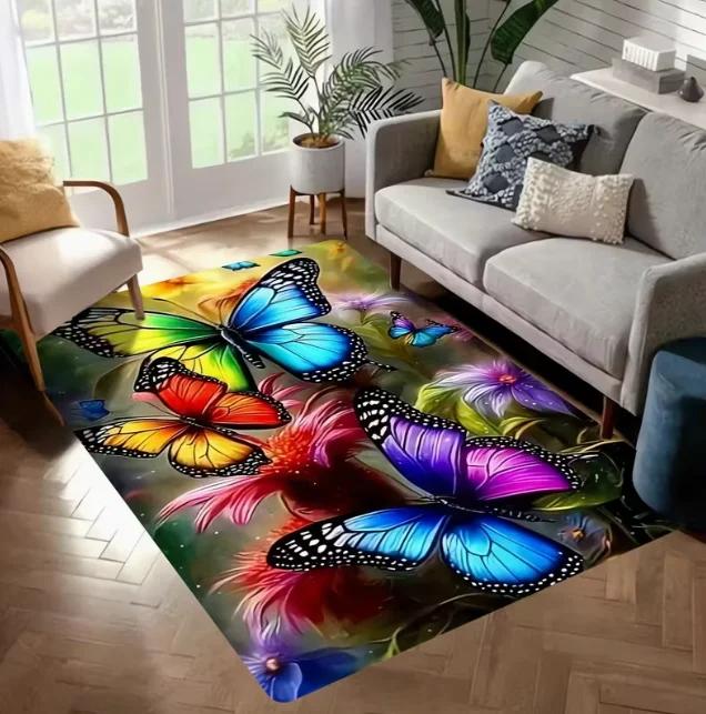 Роскошный ковер с голубыми розами, с элегантными цветочными каплями воды и украшениями в виде бабочек. Кухня, ванная, прачечная и домашний декор