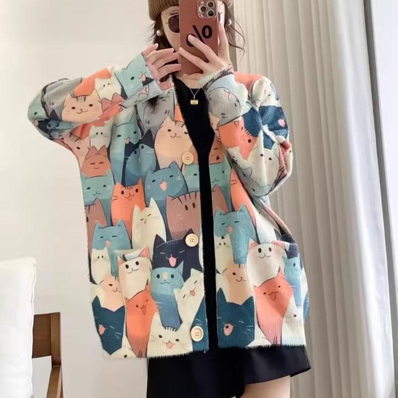 Новые осенние свитера больших размеров, кардиганы, большие размеры, женские узоры, цветочные мультяшные принты, свитера, вязаные свободные свитера