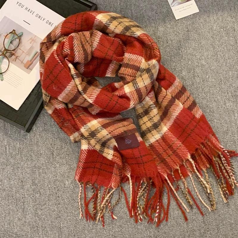 Korean Style Women's Red Plaid Winter Scarf - Warm & Thick Shawl