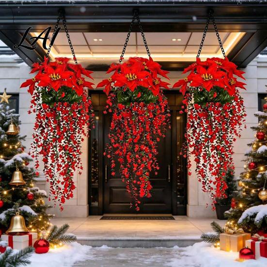 Winter Holiday Floral Christmas Poinsettia Hanging Garland Artificial Silk Flowers with Red Berries Porch Decoration And Greenery 85cm Outdoor Wall