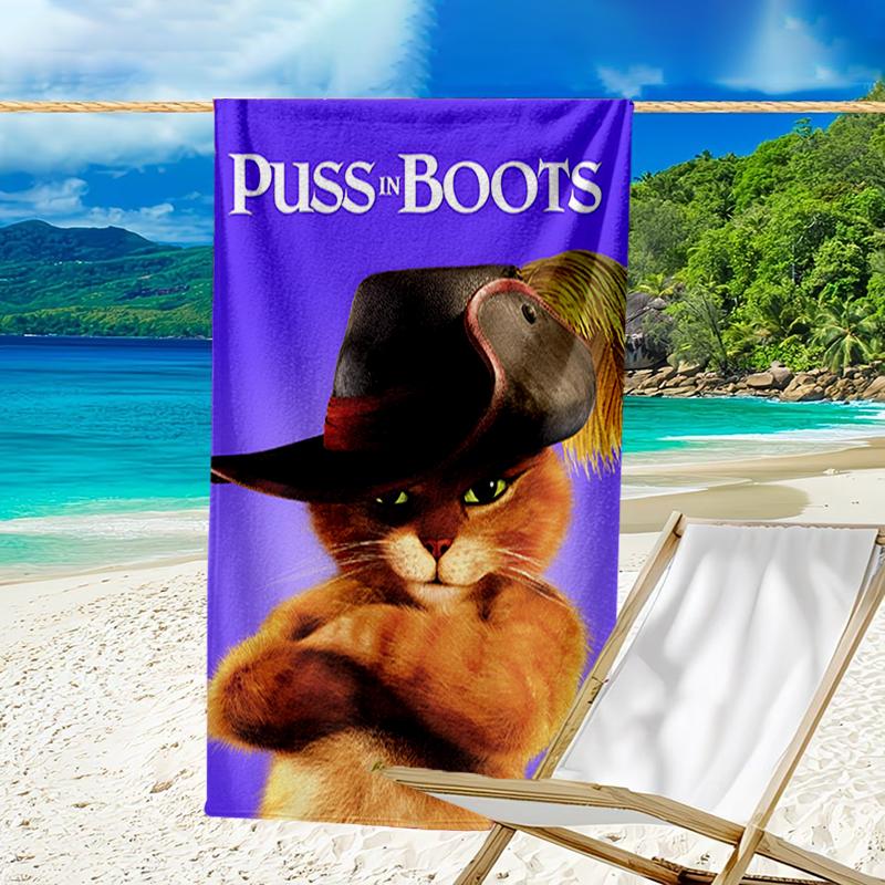 Ultra-Soft Beach Towel with Puss In Boots Theme,Ideal for Pool - Camping, Diving - Perfect Travel Essential, Vibrant Beach Towel.