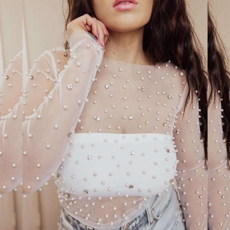 Женский прозрачный сетчатый топ с бусинами и стразами
