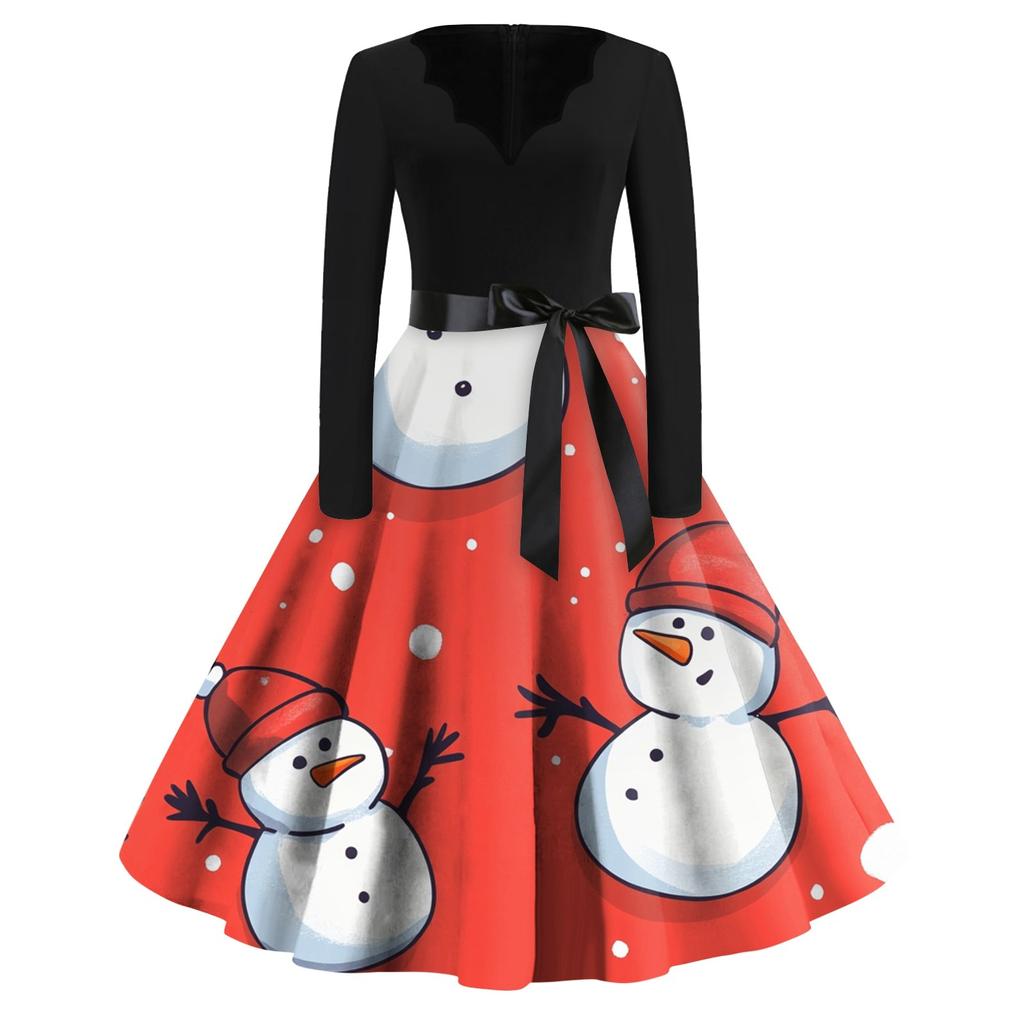 Женские модные повседневные тонкие рождественские платья с длинным рукавом с v-образным вырезом и принтом