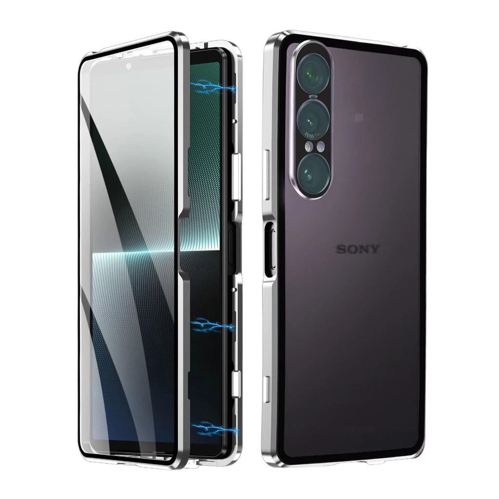 Металлическая рама 360 Полная защита Чехол Для Sony Xperia 1 V II Магнитное притяжение Двусторонняя закаленная стеклянная крышка для телефона