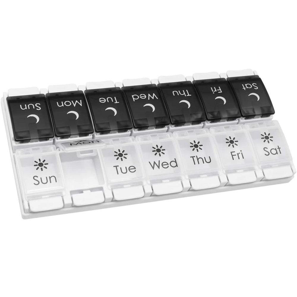 Weekly pill organizer for arthritis patients, BPA-free, spring-open design, with space for vitamins, cod liver oil,