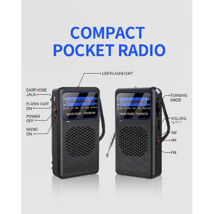 Портативный AM FM SW радиоприемник на батарейках с короткими волнами, транзисторные радиоприемники с зажимом сзади, аварийным светодиодным фонариком, разъем для наушников 3,5 мм