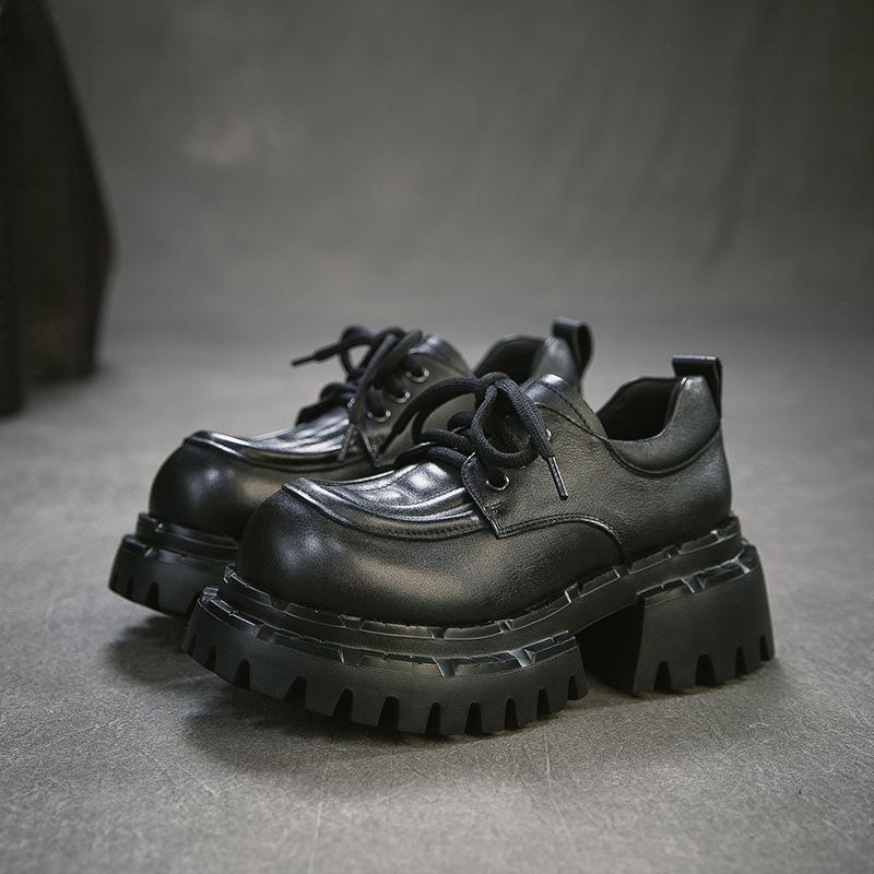 Johnature Женские туфли-лодочки на толстой подошве с круглым носком и шнуровкой в британском стиле, из натуральной кожи, универсальные, на высоком каблуке