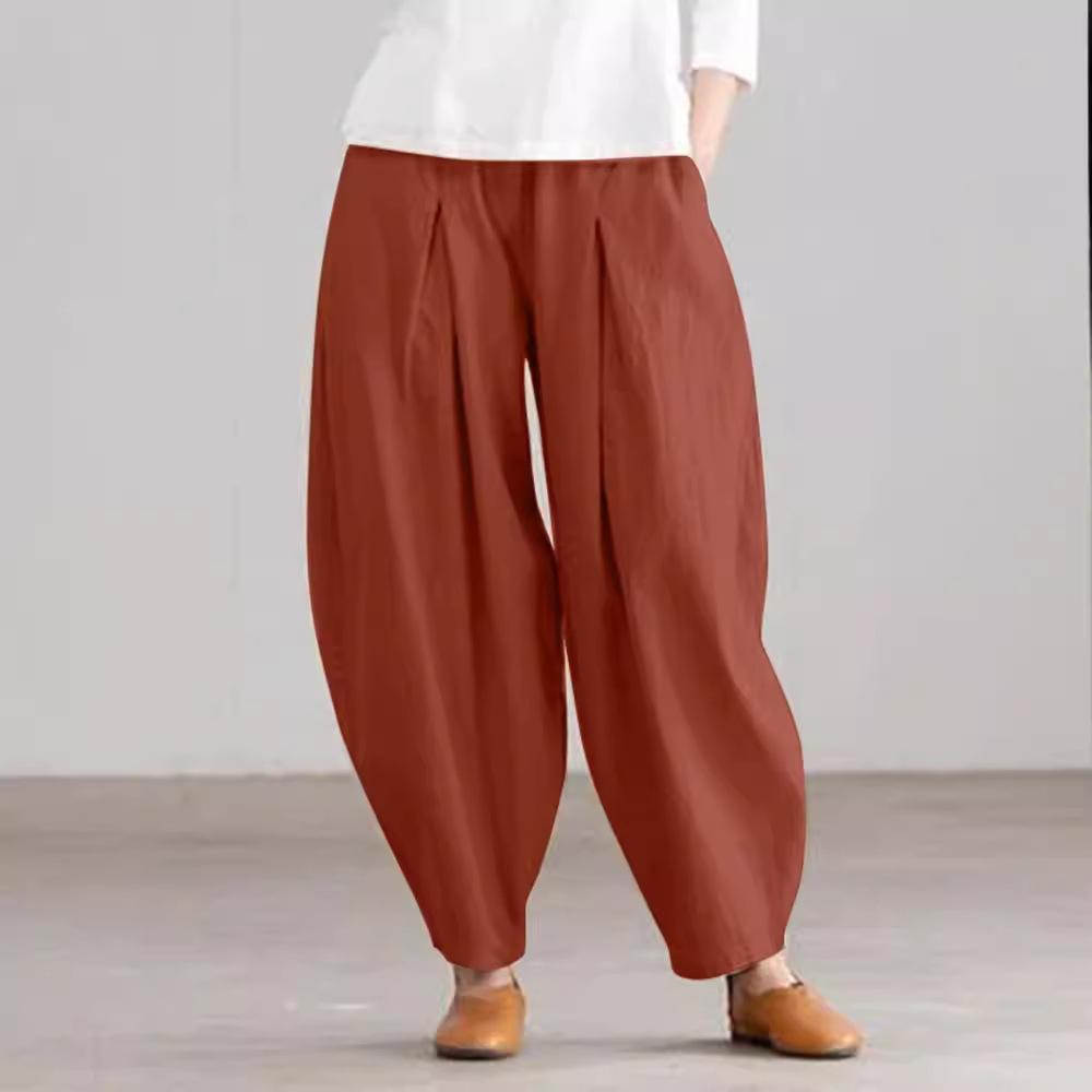 Summer Elastic Waist Solid Trousers Women Casual Baggy Pants Elegant Loose Wide Leg Pantalon Vintage Cotton Turnip