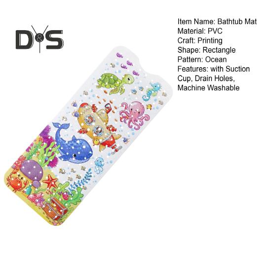 Коврик для ванной с изображением морских животных из мультфильма 100x40 см, с присоской и сливными отверстиями, прямоугольный, из ПВХ, нескользящий, подходит для машинной стирки, детский коврик для ванной и душа