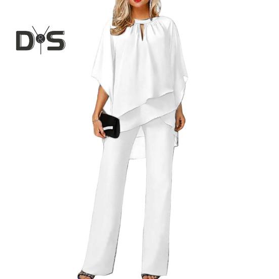 Комплект из 2 шт./компл., женский топ и брюки, комплект с открытыми рукавами и круглым вырезом, нерегулярный многослойный топ с широкими штанинами, однотонные брюки OL, повседневная одежда для поездок на работу