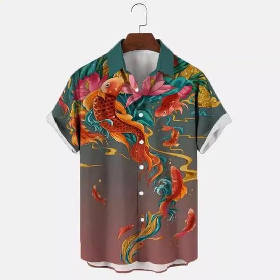 Summer Casual Street Fashion Koi Fish Pattern Hawaiian Men's