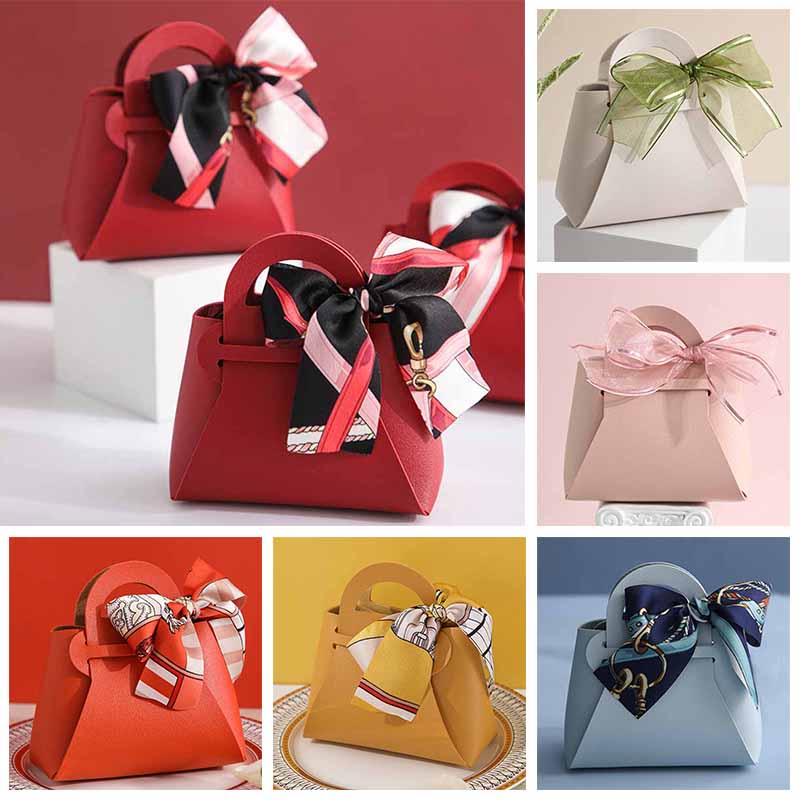 1PC Small Ribbon Bow Candy Bag Handbag Shape With Hand PU Leather Gift Box Creative