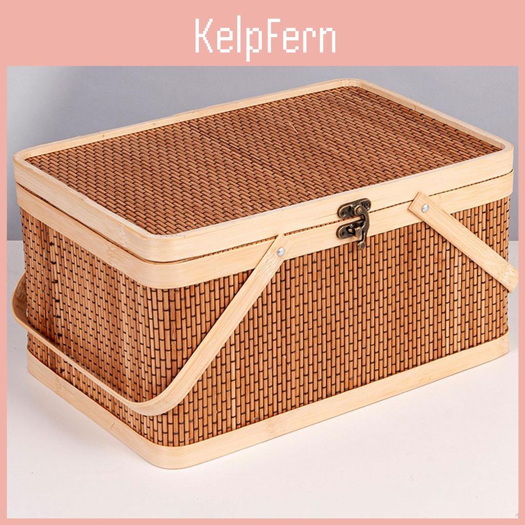 Bamboo Wovenportablefood Organizer Snacks Basket With Lid And Handle Picnic For Bread