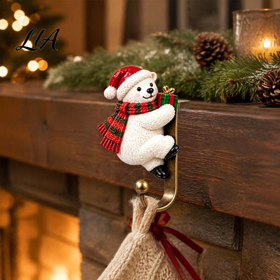Decorative Mantel Hangers Christmas Stocking Holder for Shelf, Resin Santa Snowman Hooks Reindeer Hooks, No-Drill Fireplace Hanger Holiday Decor