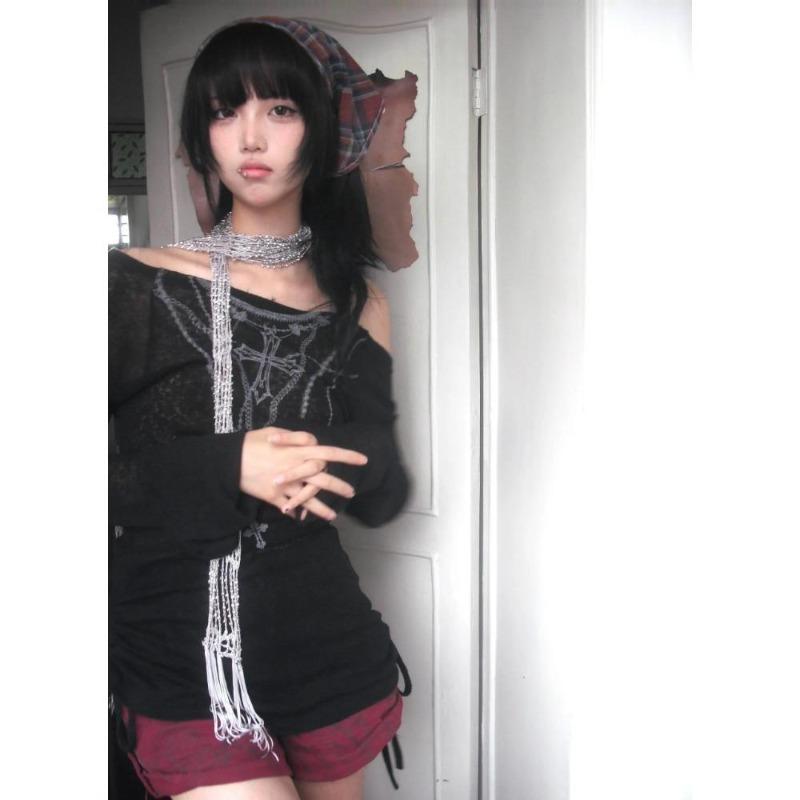 2KWEIRD Японские вязаные топы Y2k Гранж принт тату Футболка с длинным рукавом В рубчик Винтаж Харадзюку Трикотаж с присборками 2000-е Готика