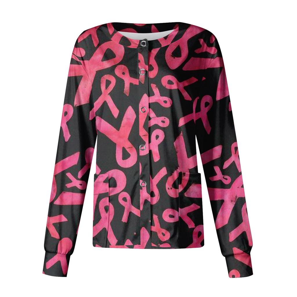 Women's Fashionable Casual Pocket Long Sleeved Themed Printed Round Neck Top