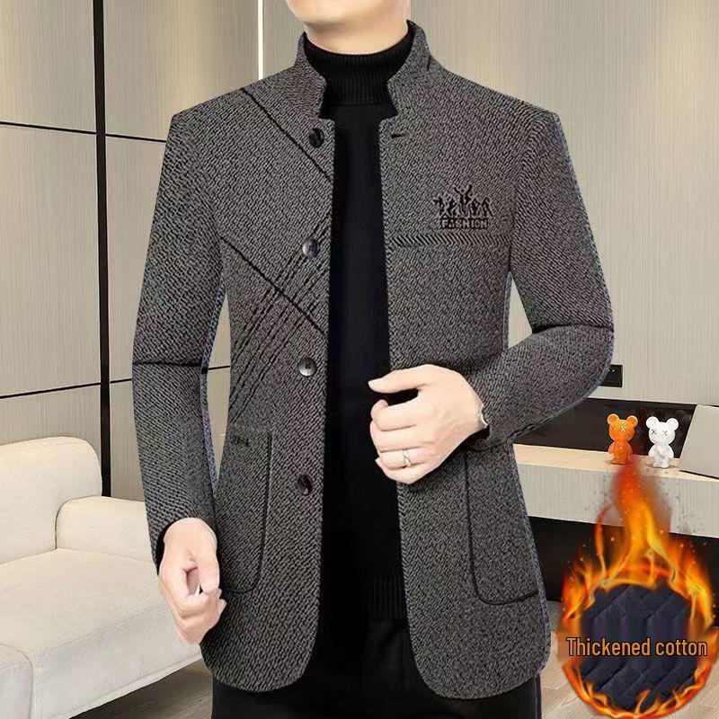 Мужская шерстяная куртка средней длины с воротником-стойкой - Business Casual для осени/зимы