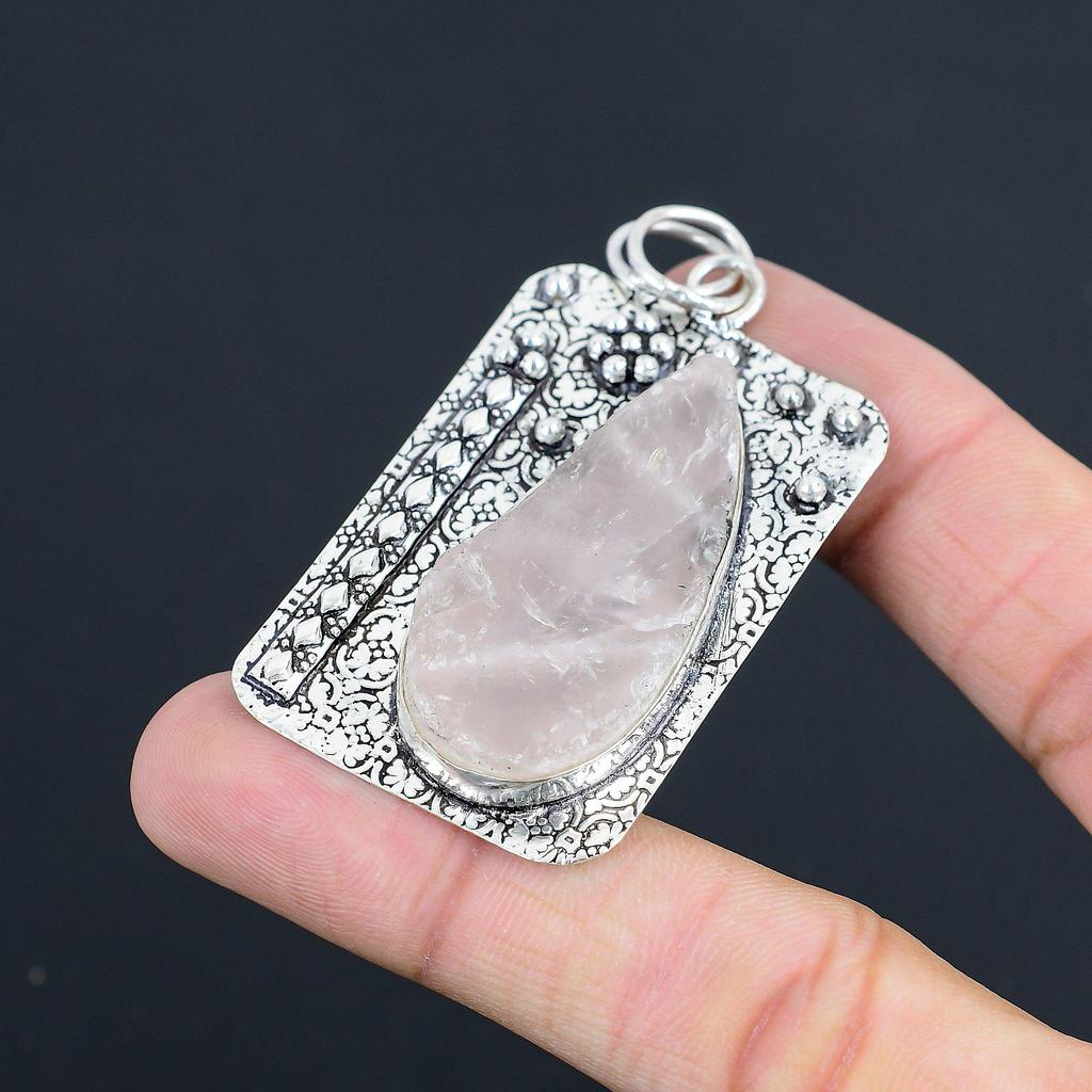 Sisters Day Sale 925 Sterling Silver Pear Natural Rose Quartz Rough Boho Pendant