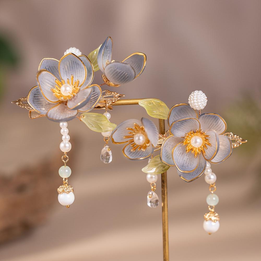 Tassel Silk Flower Hairpin Pearl Hanfu Headwear Retro Ancient Hair Clip Women