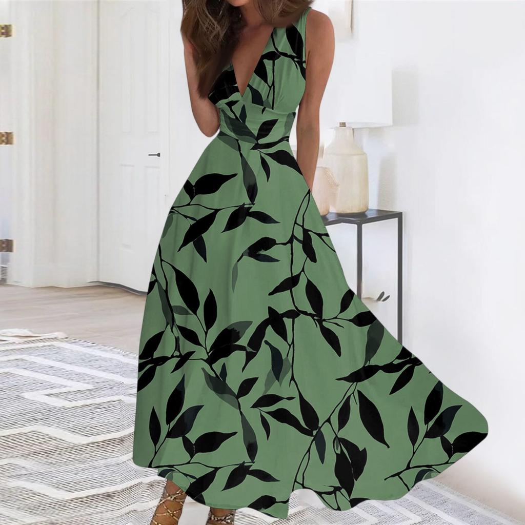 Женское повседневное и модное платье без рукавов с цветочным принтом и V-образным вырезом Платье без рукавов