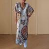 Summer Women Dress V Neck Short Sleeves Loose Retro Ethnic Printing Pullover Ankle Length Casual Daily Wear Maxi Dress