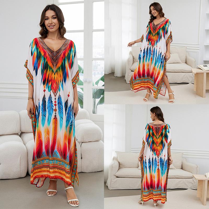 Свободный хлопковый халат большого размера с принтом - Пляжная накидка для женщин