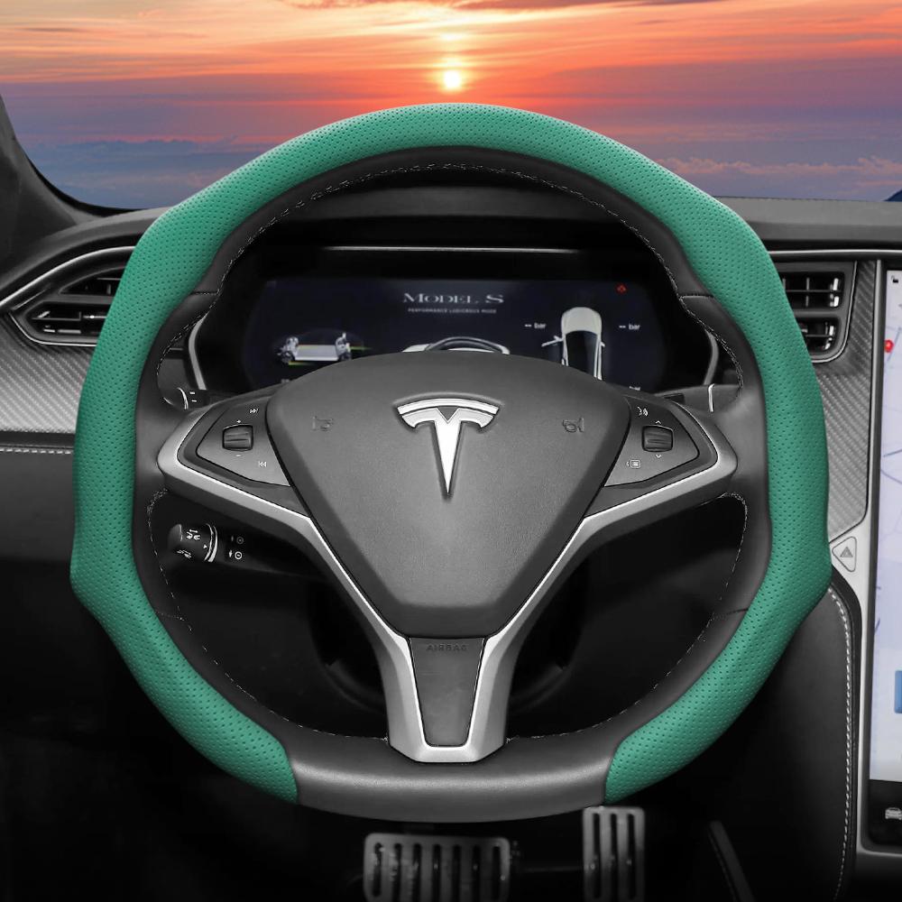Подходит для Tesla, Чехол на перфорированное кожаное рулевое колесо, Нескользящий, Впитывающий пот, Дышащий, Интегрированный защитный чехол-защелка для Model 3 Y S