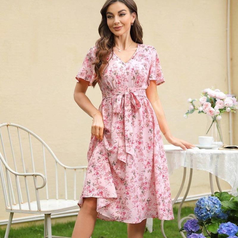 Летнее женское платье с коротким рукавом и принтом, свободное, модное, с V-образным вырезом, оборками, шнуровкой, цветочным принтом, повседневные платья для женщин, элегантное, тонкое, винтажное, сексуальное платье 26175