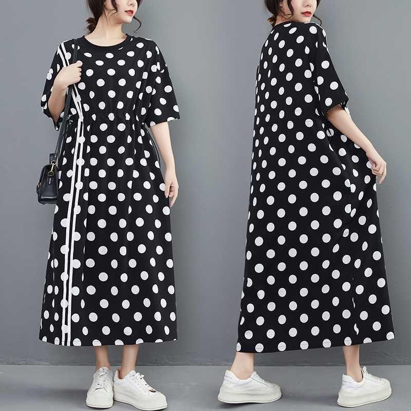 Реальное фото в наличии, Новая весенне-летняя корейская версия модного платья в горошек с акцентом на талии и свободного кроя.