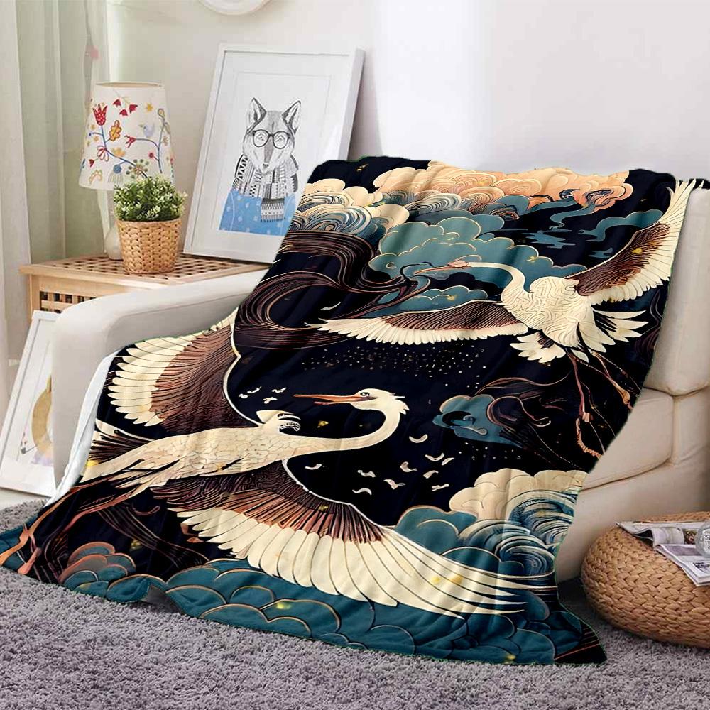1pc Cranes Clouds Lightweight Flannel Blanket, Comfortable and Warm Blanket, for Office and Camping Sofa Bed, Livingroom061
