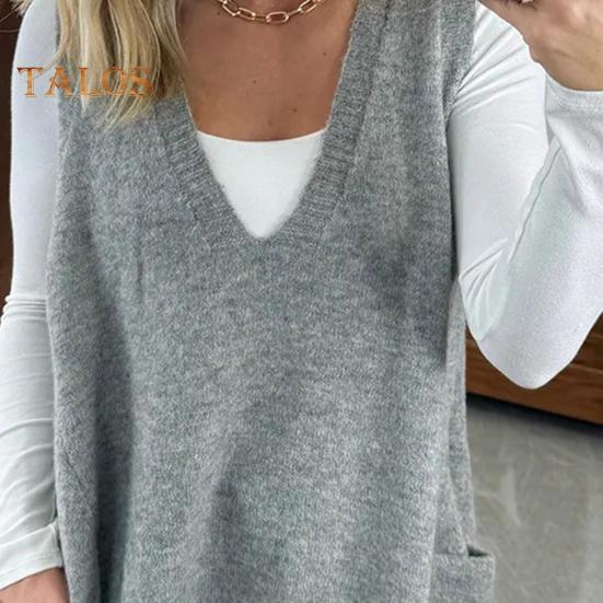 Женский свитер с V-образным вырезом, без рукавов, однотонный вязаный жилет с карманами, ребристая отделка, свободный крой, средняя длина, повседневный трикотаж