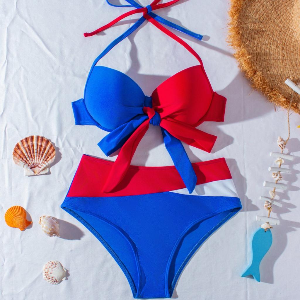 1011 new sexy small breasts gather red and blue contrasting two-piece bikini women's split swimsuit bikini