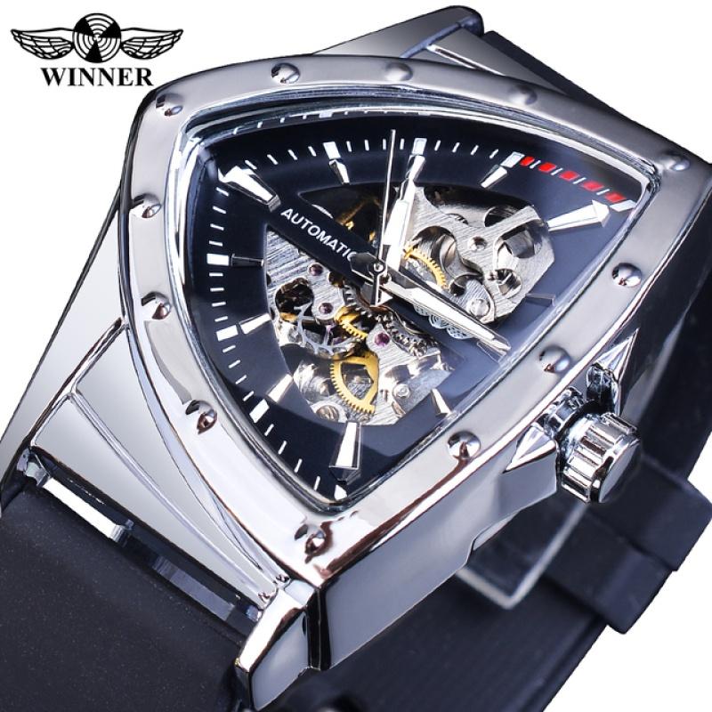 WINNER Triangle Automatic Military Wristwatch With Luminous Pointers Sport Style Men's Watches Transparent Skeleton Mechanical Watch