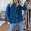 Джинсовая рубашка со шнуровкой и бантом для женщин, повседневная, с длинным рукавом, карманом, отложным воротником, свободная блузка, верхняя часть, весенняя однотонная офисная женская одежда