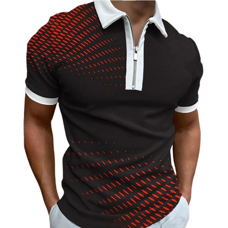 Повседневная футболка с лацканами, молодежная мужская модная футболка на молнии, футболка с коротким рукавом, мужская футболка с 3D синим полосатым принтом