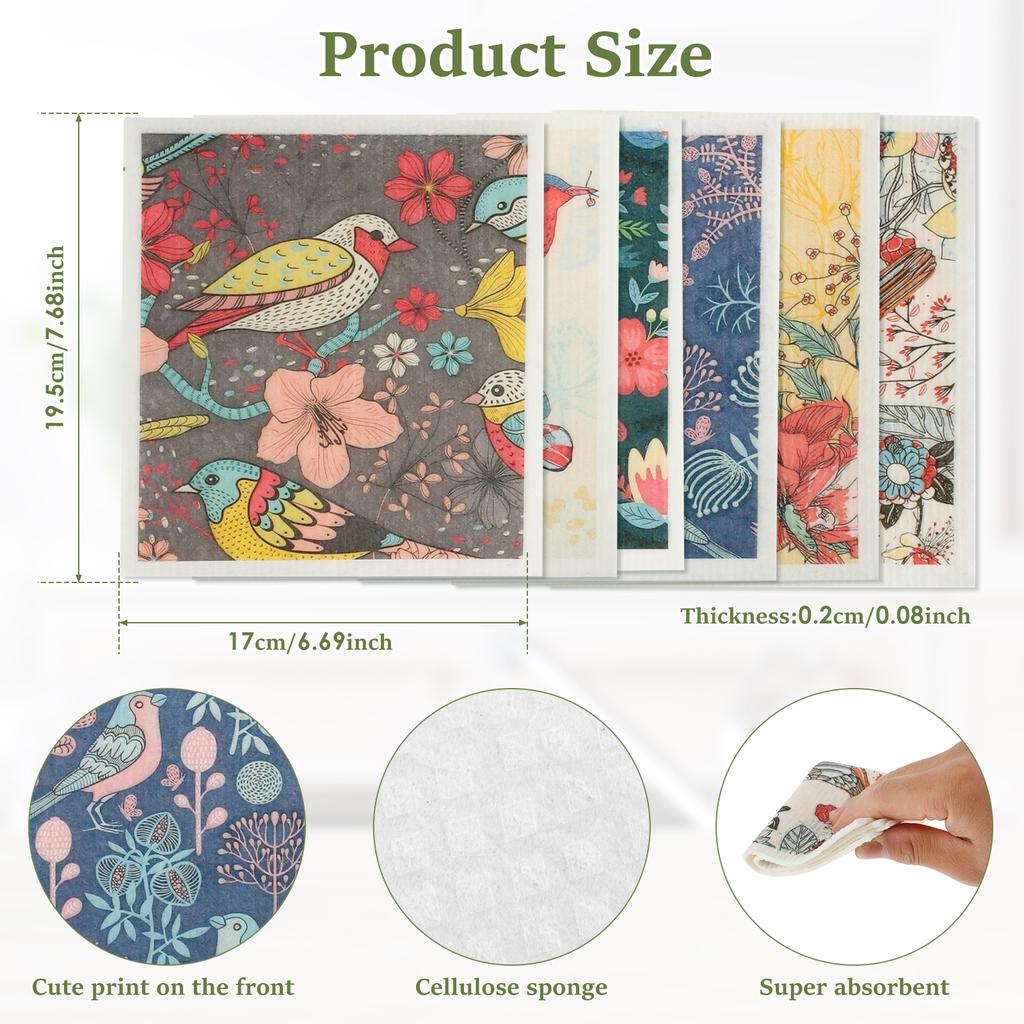 6Pcs Swedish Dishcloth Oil-Free Cleaning Cloth for Kitchen Reusable Compostable Kitchen Cellulose Dish Cloth Household Supplies