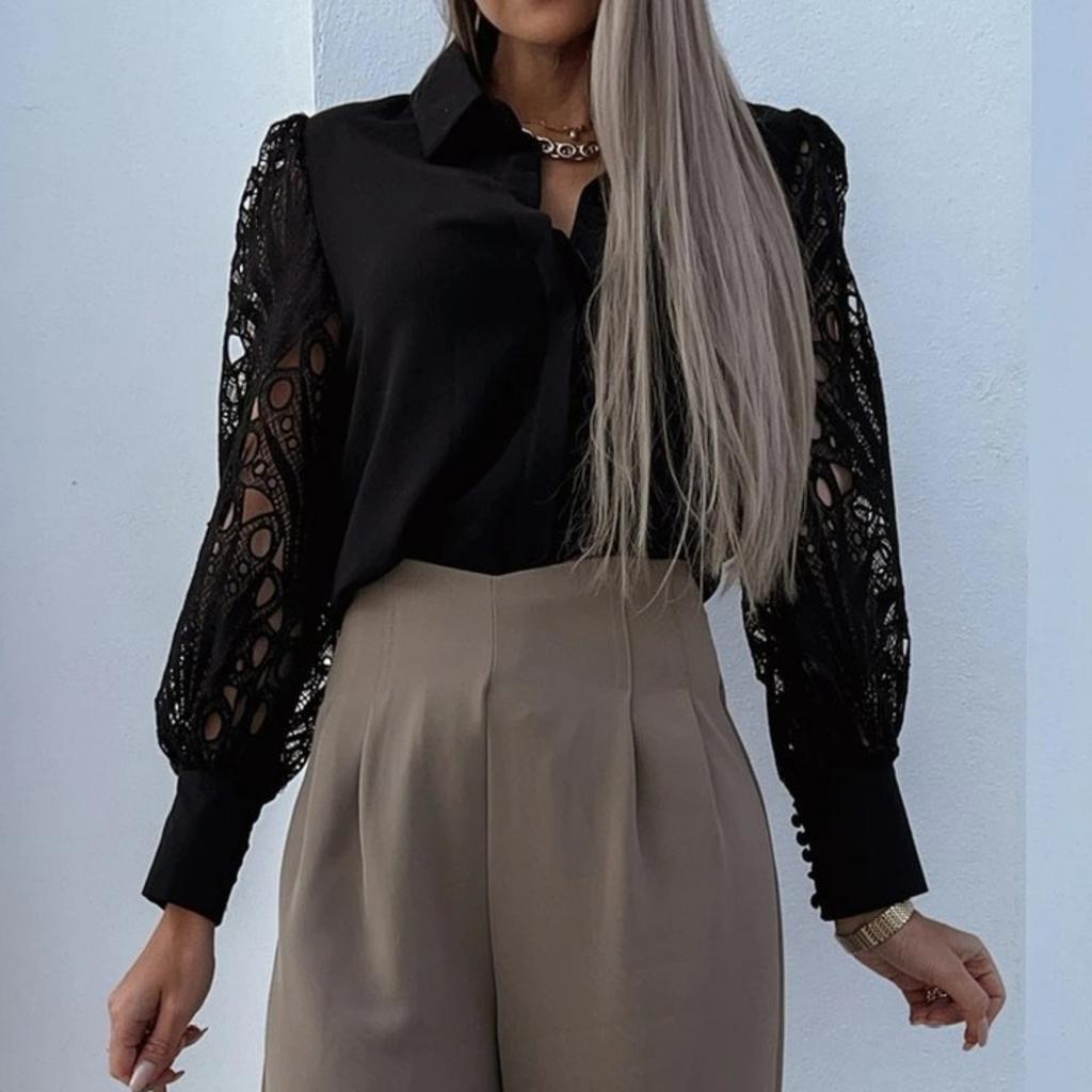 GMXIA Женские модные повседневные летние однотонные свободные блузки и рубашки с кружевным принтом и длинными рукавами с лацканами