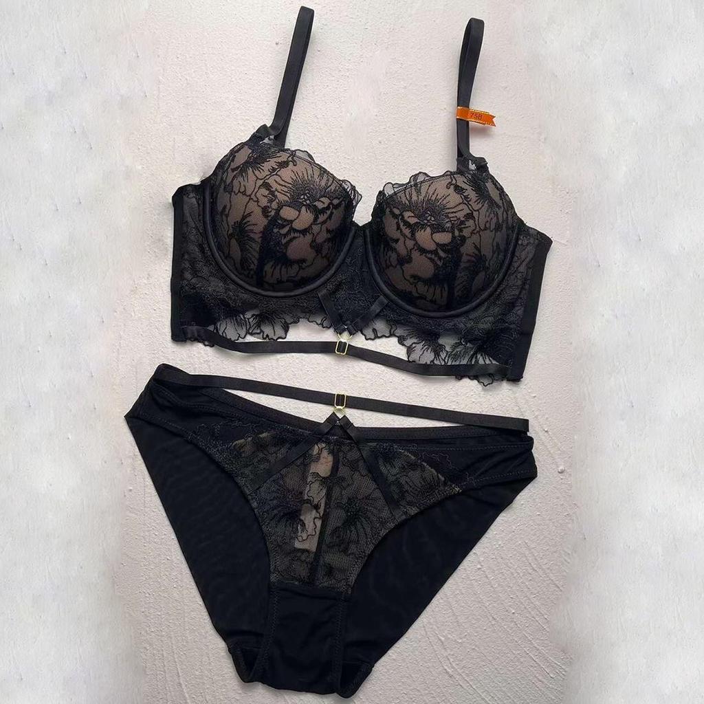 Женский комплект с бюстгальтером, кружевной вышивкой, пуш-ап, глубокий V, чашка 3/4, бюстгальтеры, сексуальные трусы, повседневное нижнее белье, весенне-летние комплекты нижнего белья