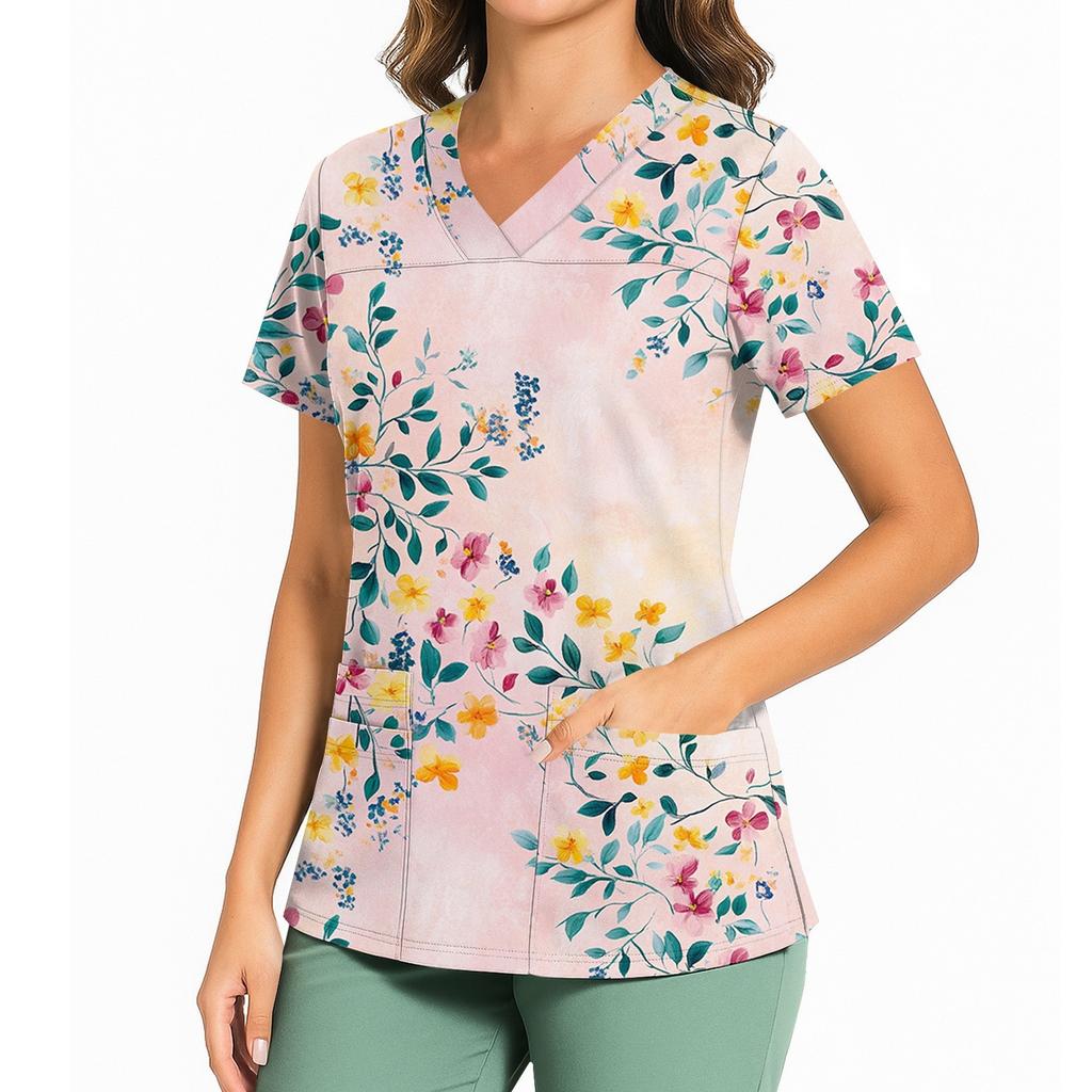 Женский повседневный топ с принтом, V-образным вырезом, карманом, боковым разрезом и короткими рукавами