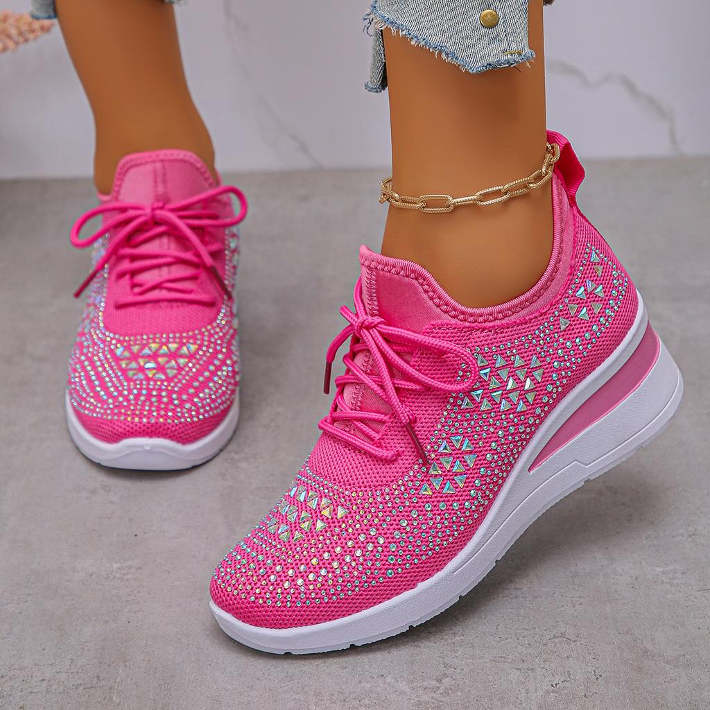 Women's Sneakers Shiny Rhinestone Wedge  Breathable Knit Non Slip Walking Shoes Woman Plus Size Fashion Thick Sole White Sneaker