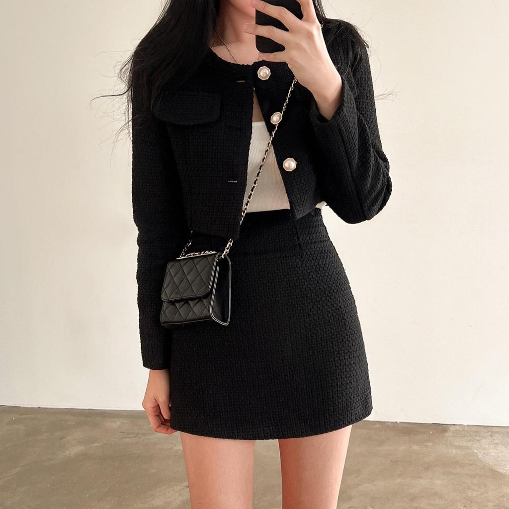 Женский твидовый комплект из двух предметов, длинный рукав, жемчужные пуговицы, короткая куртка, А-силуэт, мини-юбка, комплект, осенне-зимняя одежда