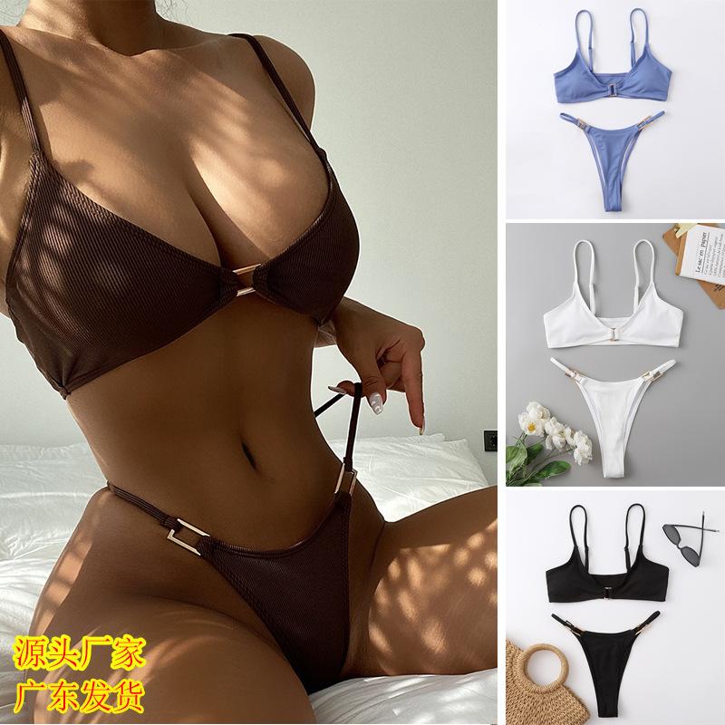 New, split women's small pit strip fabric solid color swimsuit summer sexy women's bikini