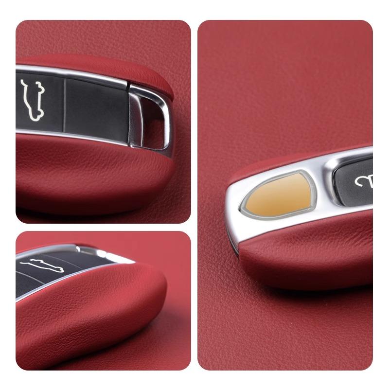 Luxury Genuine Leather For Porsche Boxster Cayman Panamera Cayenne Macan 718/911 Taycan Car Key Case Cover Protective Keychain