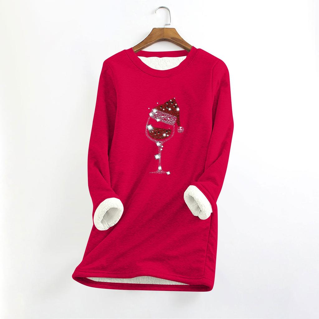 Женский круглый вырез с длинным рукавом и рождественским принтом, утолщенный плюшевый кашемировый теплый длинный топ