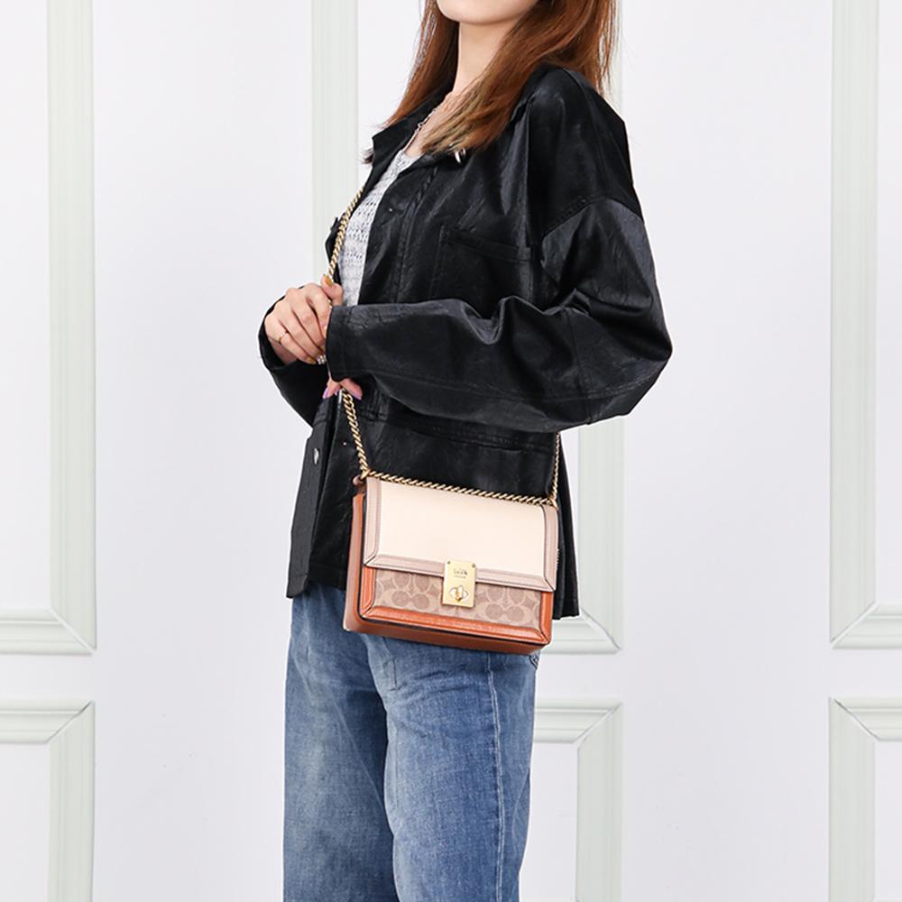 Coach Hutton Color Block Lock Closure Leather Small Square Chain Bag Women Bags Brown White C2795-B4SD2